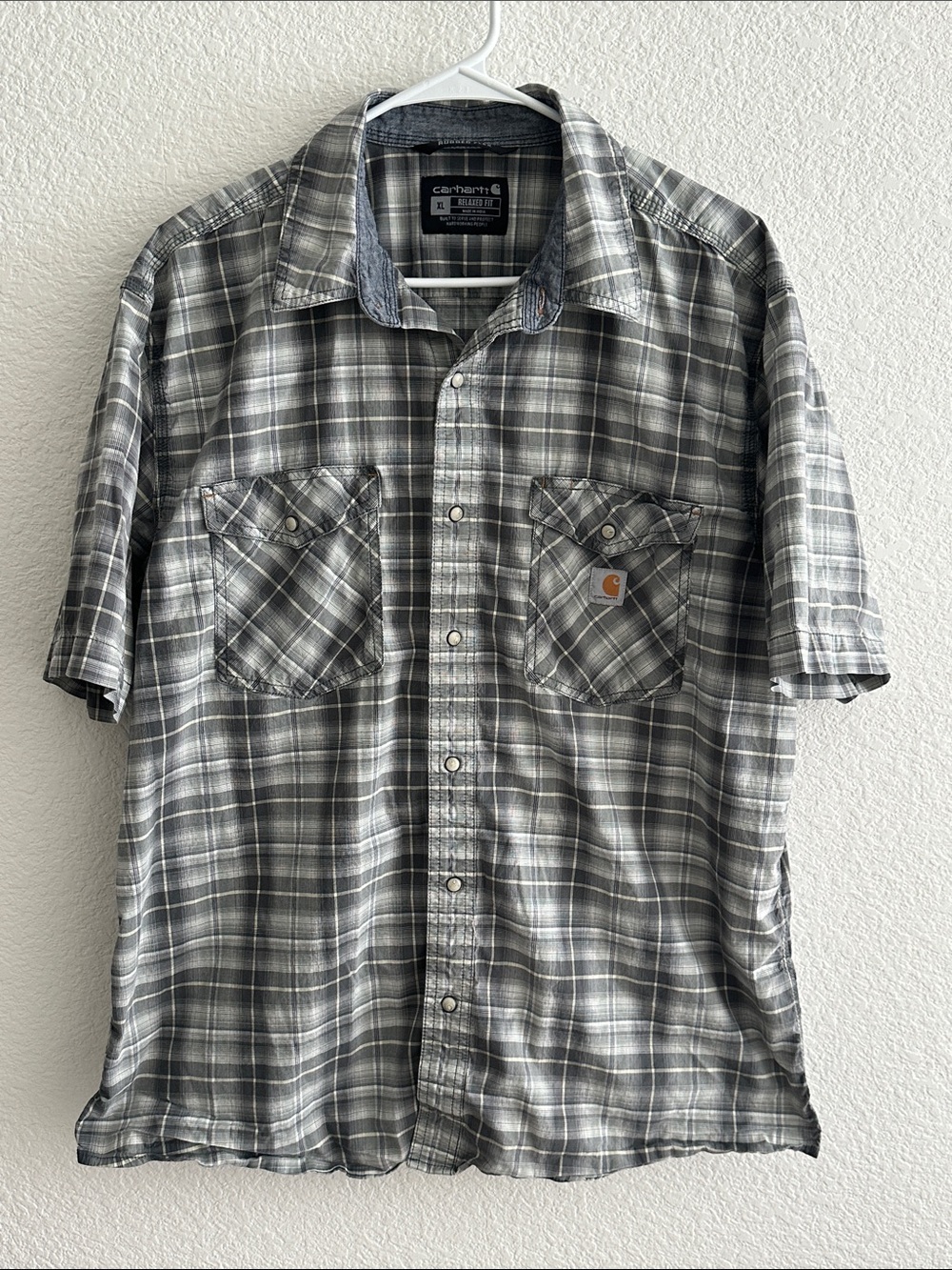 Carhartt Men's Gray/Green Plaid Short-Sleeve Button-Down Shirt Size XL